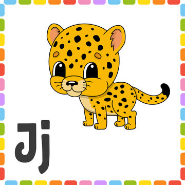 Funny alphabet. Letter J - jaguar. ABC square flash cards. Cartoon character isolated on white background. For kids education. Developing worksheet. Learning letters. Color vector illustration.