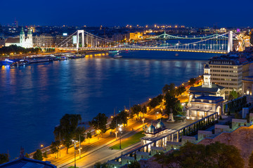 Aerial night vision Budapest with Elisabeth Bridge over Danube river
