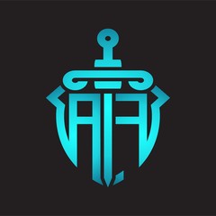 AF Logo monogram with sword and shield combination isolated blue colors gradient