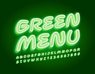 Vector bright sign Green Menu. Rotated illuminated Font. Neon Alphabet Letters and Numbers.