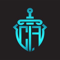 CF Logo monogram with sword and shield combination isolated blue colors gradient