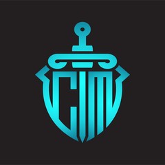 CM Logo monogram with sword and shield combination isolated blue colors gradient