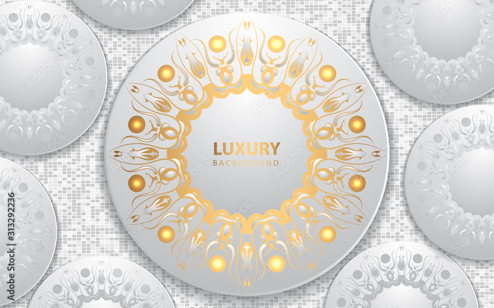 Aufkleber Abstract circle silver background with paper shapes overlap layers. Luxury and modern concept texture with golden mandala element decoration. Vector design template for use frame, cover, banner, card