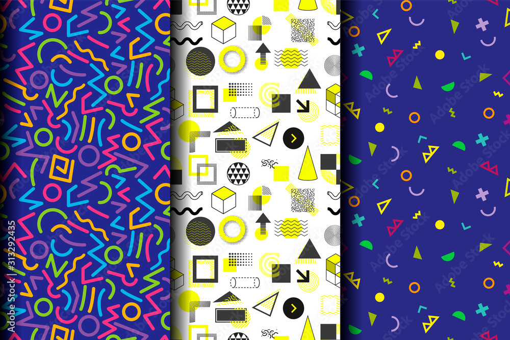 Aufkleber set of 3 seamless vector patterns with memphis style ornaments. nice vector background, perfect for 