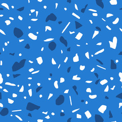 Fototapeta na wymiar Seamless terrazzo pattern in trendy classic blue color 2020. Stone granite texture. Modern abstract graphic rock square backdrop. Indigo marble chaotic decor for textile, paper print, wallpaper design