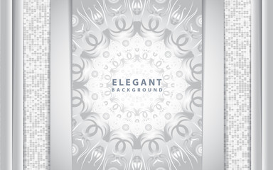 Abstract white and silver background with paper shapes overlap layers. Luxury and modern concept texture with mandala element decoration. Vector design template for use frame, cover, banner, card