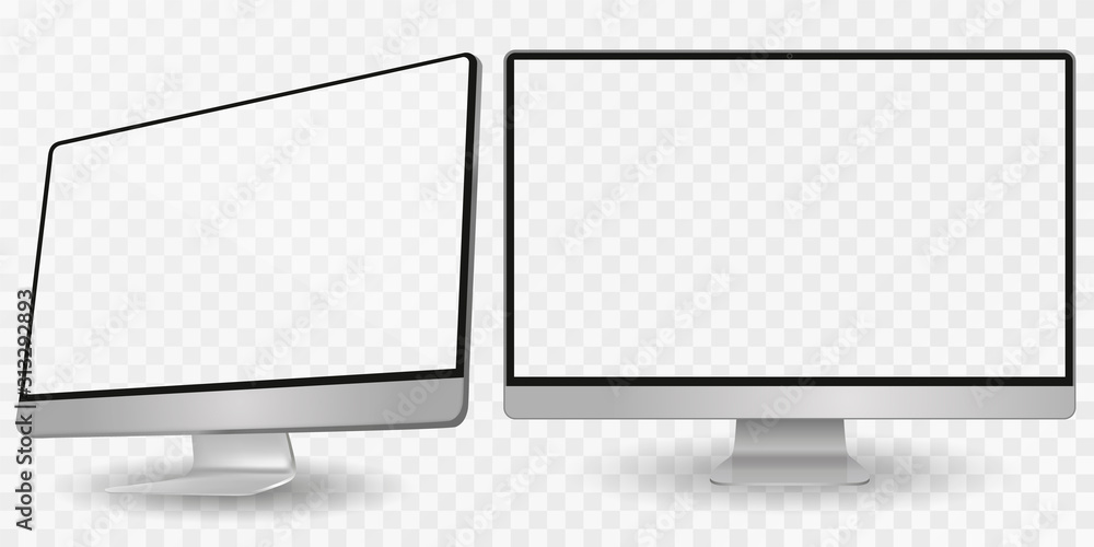 Poster Computer display in two angles. Computer monitor isolated on transparent background eps10 vector. Desktop pc vector mockup.