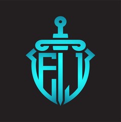EJ Logo monogram with sword and shield combination isolated blue colors gradient