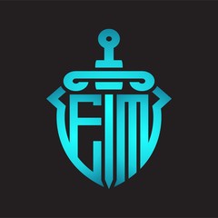 EM Logo monogram with sword and shield combination isolated blue colors gradient