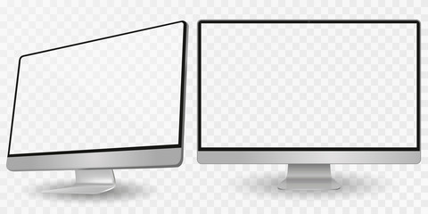 Computer display in two angles. Computer monitor isolated on transparent background eps10 vector. Desktop pc vector mockup. - obrazy, fototapety, plakaty