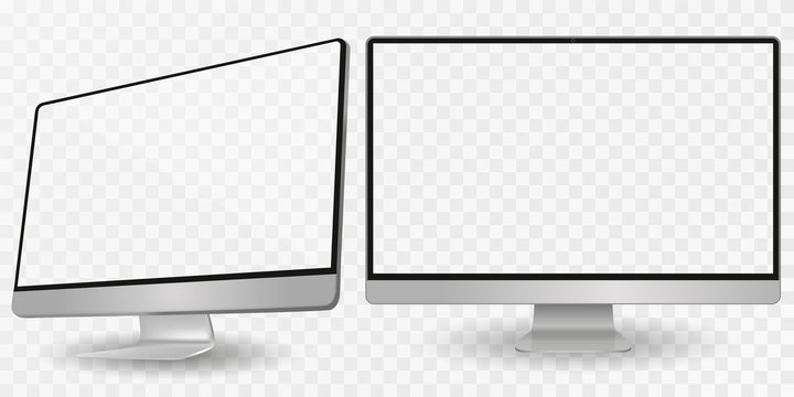 Computer display in two angles. Computer monitor isolated on transparent background eps10 vector. Desktop pc vector mockup.