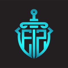 EZ Logo monogram with sword and shield combination isolated blue colors gradient