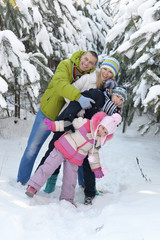 Fototapeta na wymiar Big happy family having fun in winter park covered with snow