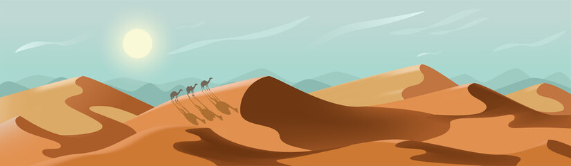 Desert landscape. Sunny nature panorama with camels. Bright summer day among endless sand dunes. Environment with no people. Vector peaceful banner - obrazy, fototapety, plakaty