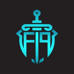 FP Logo monogram with sword and shield combination isolated blue colors gradient