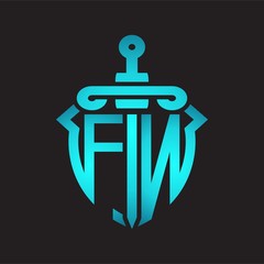 FN Logo monogram with sword and shield combination isolated blue colors gradient