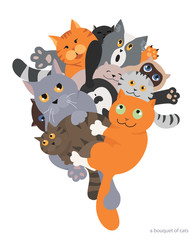Cat poster. Cartoon cat characters collection. Bouquet of cats.  Flat color simple style design