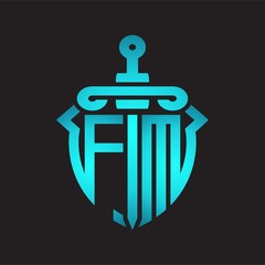 FM Logo monogram with sword and shield combination isolated blue colors gradient