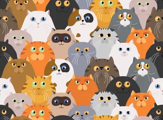 Fototapete Katzen Katze-Poster. Nahtloses Muster der Karikaturkatzencharaktere. Verschiedene Katzenposen und Emotionen eingestellt. Flaches Design im schlichten Stil