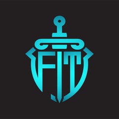 FT Logo monogram with sword and shield combination isolated blue colors gradient