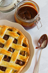 Classic lattice weave apple pie salted caramel top view.