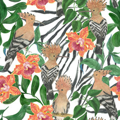 Watercolor painting seamless pattern with beautiful flowers and hoopoe birds , leaves on stripes background