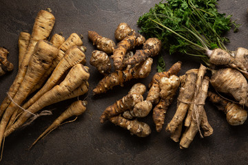 Local winter roots top view, parsnip and parsley root