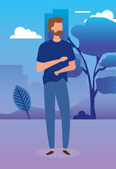 young man in park nature characters vector illustration design