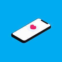 Vector isometric phone with like. Perspective view of black mobile phone.