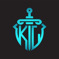 KL Logo monogram with sword and shield combination isolated blue colors gradient