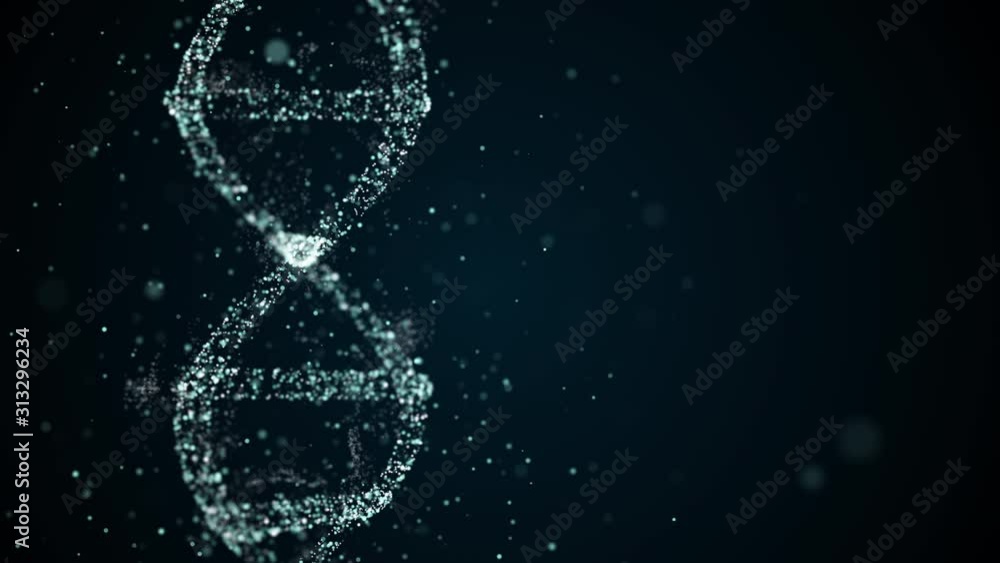 Poster rotation of digital dna on abstract background with floating particles collecting genetic data.