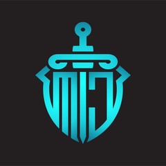 MC Logo monogram with sword and shield combination isolated blue colors gradient