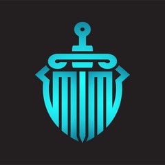 MM Logo monogram with sword and shield combination isolated blue colors gradient