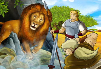 cartoon scene with greek or roman warrior or philosopher fighting nemean lion - illustration for children