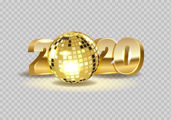2020 Realistic disco ball, 2020 new year golden shiny numbers isolated on background
