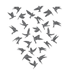 Fototapeta na wymiar Silhouette of city flying birds on white background. Inspirational body flash tattoo ink. Set of textured stipple grey birds fly swallows, hand made. Vector.