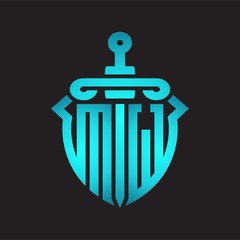 MW Logo monogram with sword and shield combination isolated blue colors gradient
