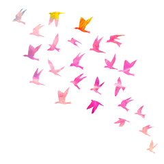 Watercolour silhouette of flying birds on white background. Inspirational body flash tattoo ink. Vector.