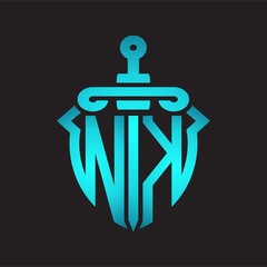 NK Logo monogram with sword and shield combination isolated blue colors gradient