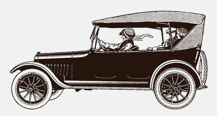 Two young couples driving in antique touring car. Illustration after engraving from the early 20th century