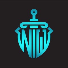 NW Logo monogram with sword and shield combination isolated blue colors gradient