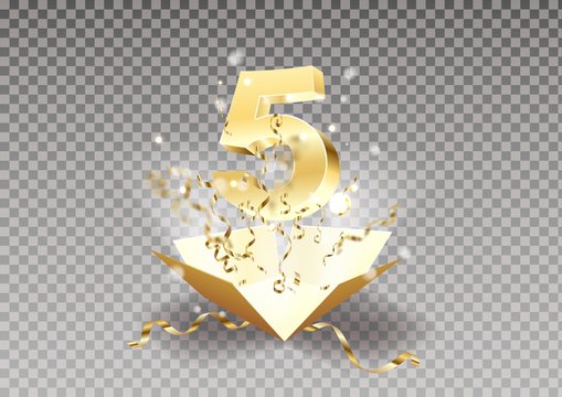 5th year anniversary room and open the gift box with explosions of confetti isolated design element.