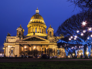 ST-PETERSBURG, RUSSIA - 03.01.2020: St. Isaac's Cathedral in St. Petersburg in the Christmas illumination at night
