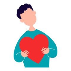 Boy holding a big red heart in his hands. Valentines day. Vector illustration.