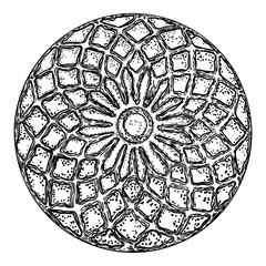 Vintage style floral circular design element. Flower rosette drawing for printing. Fashion pattern in black white for textile backgrounds. Vector.