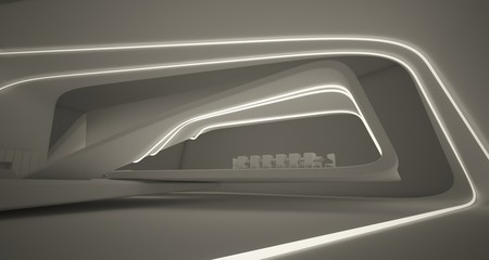 Obraz na płótnie Canvas Abstract architectural smooth white interior of a minimalist house with swimming pool and neon lighting. 3D illustration and rendering.