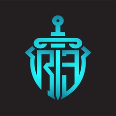 RE Logo monogram with sword and shield combination isolated blue colors gradient
