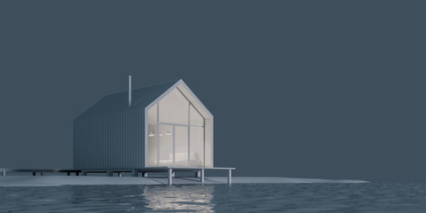 The project of a modern small cottage house in Scandinavian eco-friendly Northern style with a high roof on the lake in white materials with daylight, 3D illustration 3D rendering. Stock illustration