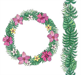 Flower wreath with tropical leaves, plumeria, hibiscus and orchid. For festive design, announcements, postcards, posters. Endless pattern brush with tropical leaves.