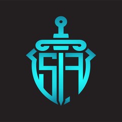 SF Logo monogram with sword and shield combination isolated blue colors gradient